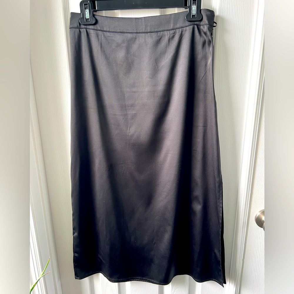 Satin Midi Skirt with Side Slit, Black, Size M